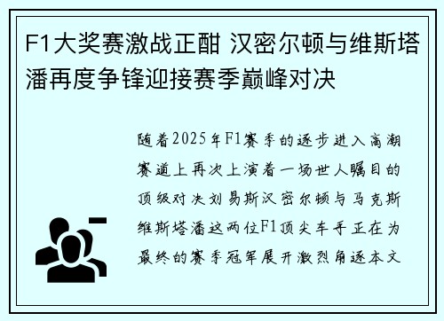 F1大奖赛激战正酣 汉密尔顿与维斯塔潘再度争锋迎接赛季巅峰对决