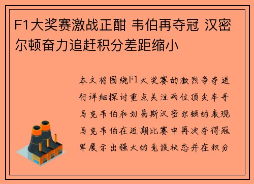 F1大奖赛激战正酣 韦伯再夺冠 汉密尔顿奋力追赶积分差距缩小