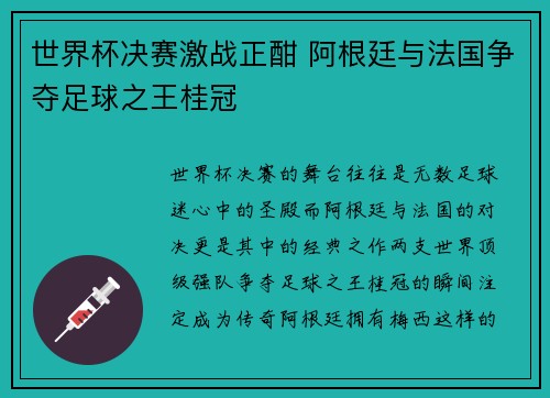世界杯决赛激战正酣 阿根廷与法国争夺足球之王桂冠