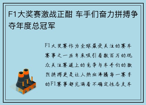 F1大奖赛激战正酣 车手们奋力拼搏争夺年度总冠军