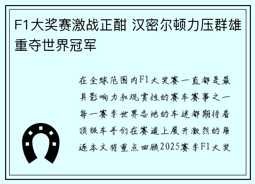 F1大奖赛激战正酣 汉密尔顿力压群雄重夺世界冠军