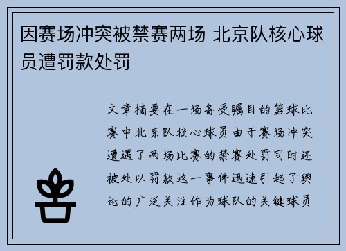 因赛场冲突被禁赛两场 北京队核心球员遭罚款处罚