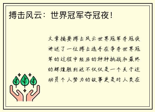 搏击风云：世界冠军夺冠夜！